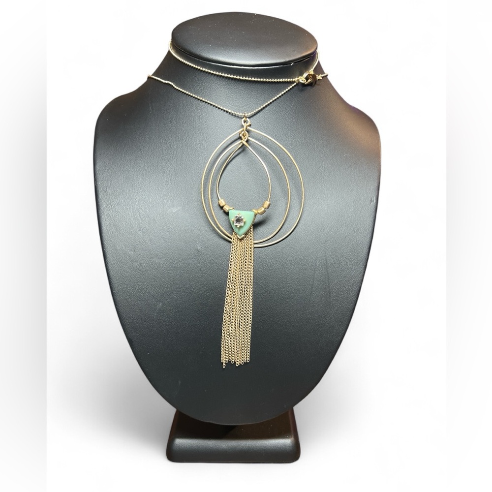 Boho Gold Tone Layered Necklace Green Stone‎ Tassel Fringe Hoop Pendant Jewelry